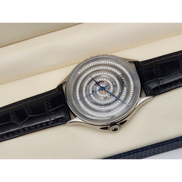 Rare Stauer Mens Silver Tone Crystal Dial Open Watch NOS - New Battery - Picture 4 of 12